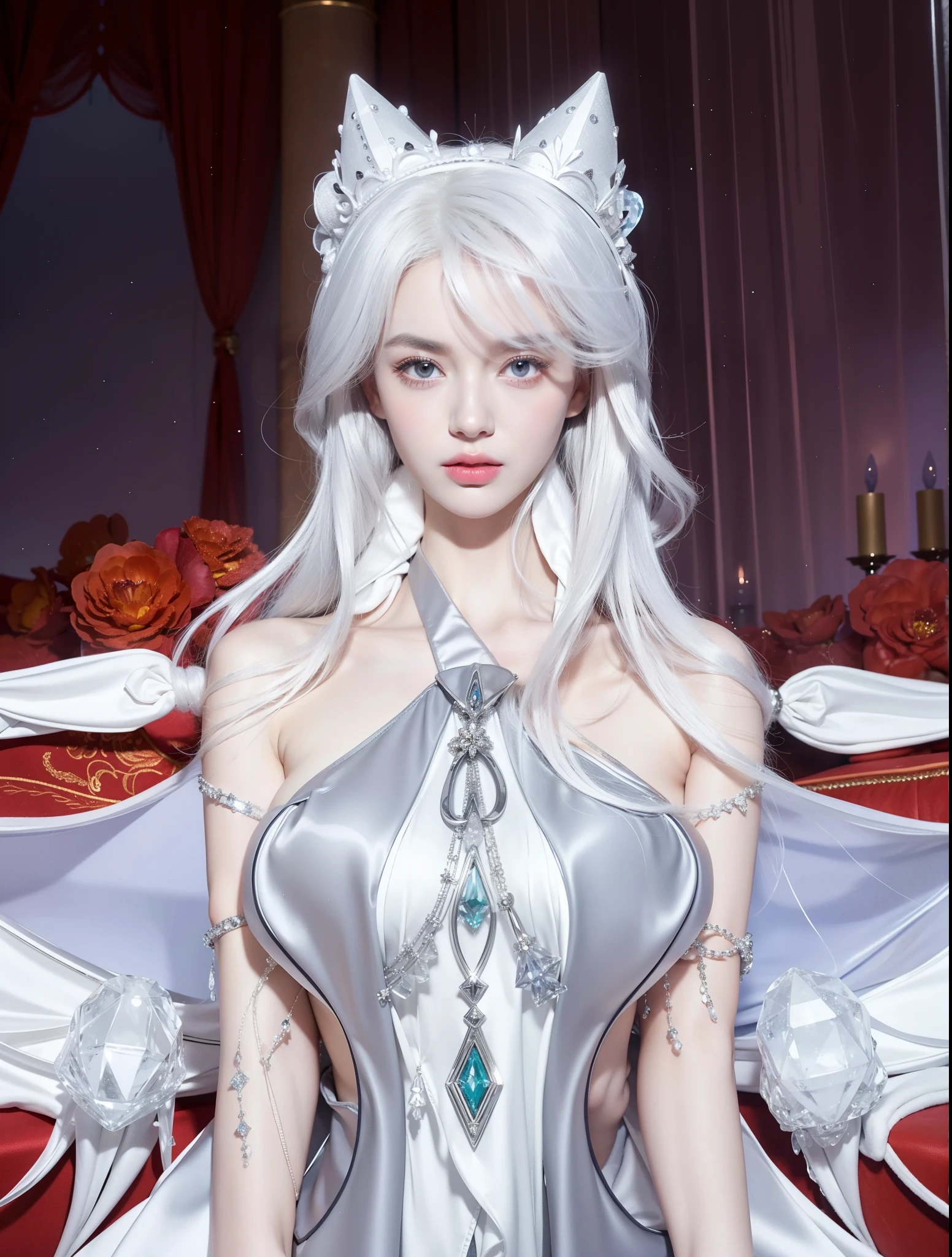 Imperial sister,Exquisite eyes,Snow Queen,Put the crown on your head,Detailed facial expressions body,Tall and big,number,Leg length,4K,White translucent lace,Fair and plump figure,Pretty Face,Little cherry mouth,Beautiful and delicious(3D Royal Sisters),Glossy Gel Coat,Vampire Queen in luxurious robes,Crystal Gem Crown,Ultra-clear portrait photos(8k),Dark eyeshadow,Sexy thick lips(Red lipstick),Very three-dimensional,Gold diamond gemstone decoration,Eyes shining like the starry sky,Holding a crown in hand
