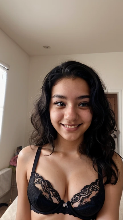 iPhone selfie of a cute sexy 19 year old hispanic girl , on a Discord video call, thick wavy black hair, smirking, long eyelashes, sexy bra,