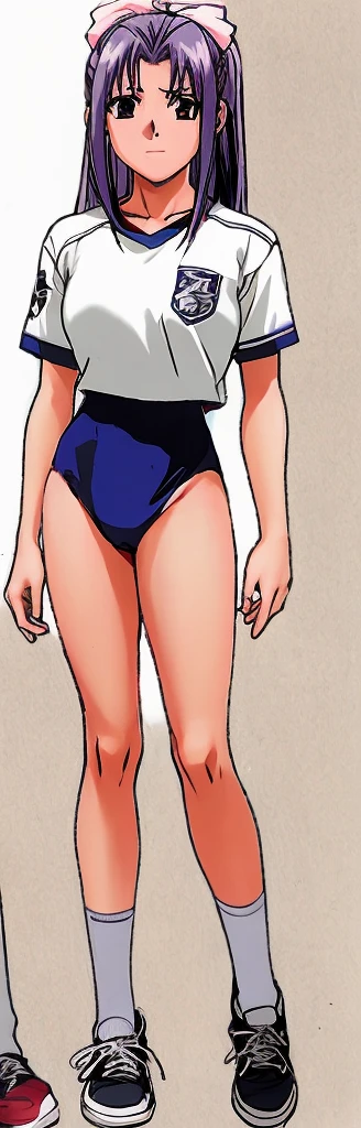 Momoko Koigakubo, a tall girl with beautiful legs, is standing in a white gym uniform and navy blue bloomers that look like panties.。