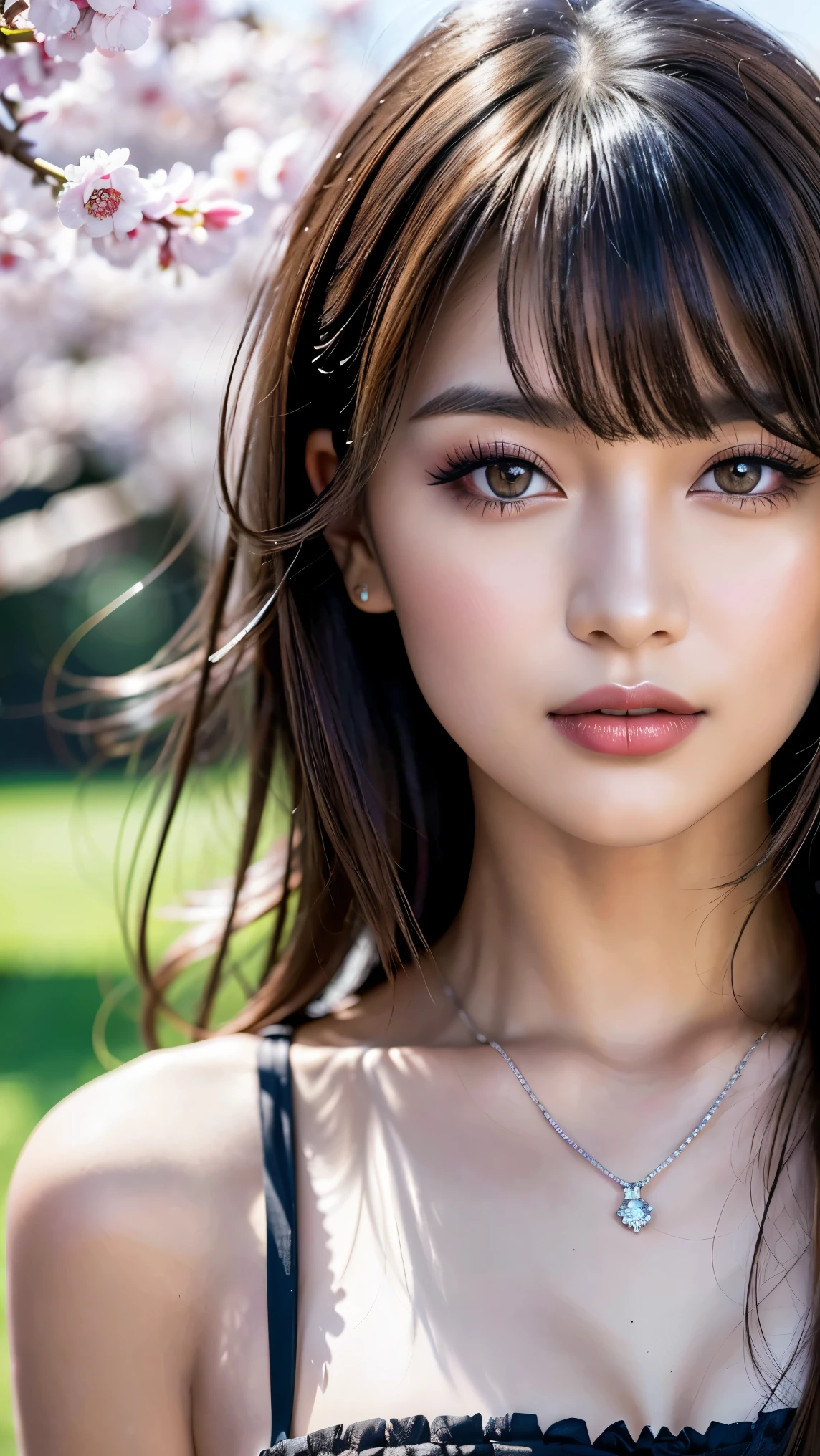 super realistic eyes、fashion model 24 years old, cute, [[[[moist eyes]]]], [[[[closeup]]]], [[[[chest]]]], [[[[neck]]]], [[[[shoulders]]]], perfect eyes, perfect iris, perfect lips, perfect teeth, perfect skin, soft front light, glow, HDR, (muted colors:1.2), Beautiful girl from Eastern Europe with her mouth closed、astonishing beauty、solo、Smile、sexy, beautiful face、wearing a topless outfit, sharp focus, perfect dynamic composition, beautiful and detailed eyes, thin hair, look at Divide Ratio : 1,1,1 Base Ratio: (portrait),beauty (mixed girls) in (highly detailed 32k absurd art of a ((girl 18-year-old)) ),fashion supermodel,(best high quality real texture skin:1.3),((ebony skin female:1.2)),(best quality texture hair:1.4),BREAK,((short bright dark hair((bangs swept to the side)) extremely detailed:1.3)),((outside,an orchard of blooming cherry trees:1.3)),(best high quality:1.33),(photo realistic:1. 45), (Tokyo Girls Collection Dresses:1.3), smiling, close-up portrait, model figure, body shape, cleavage, tropical beach, long thin legs Translated from DeepL.com (free version), (Masterpiece, best quality, photorealistic, highres, photography, :1.3), close-up shot, sharp focus, 1 brunette girl, European girl, hot model, highly detailed eyes and pupils, realistic skin, slim body shape, perfect body, cleavage, extremely detailed hair, delicate sexy face, sensual gaze, shiny lips, ((wearing thin fabric camisole dress, wearing pendant)), outdoor, ((realistic, super realistic, realism, realistic detail)), ((best quality, 8 thousand, masterpiece:1.4)), (20 year old woman), ((very small face:1.3)), (glowing skin:1., ((there a close up of a woman's)), (super detailed makeup on eyes:1.3), iridescent eyes, with professional makeup, vibrant eyes:1.2, (Detailed nose:1.2),BREAK,(super extravagant (Bold stylish outfit)),BREAK,((wear dark_red tie:1.2)),small head:1.4, ,exquisite balance of shadows,perfect composition,((Full body shot:1.5)),((look at the viewer)), Hasselblad, 50mm f/2.2