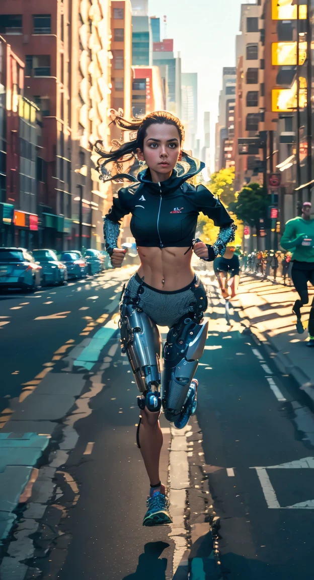 A cyborg girl is jogging down the street of a big city, passersby watching her with interest, high quality, Absurd, Masterpiece, Beautiful, complex parts, 1/2 body crops, slender body, Beautiful figure, Magnificent Anatomy, (complex parts:1.12), HDR, (complex parts, hyper detail:1.15), (natural skin textures, Hyperrealistic, soft light, Spicy:1.2)