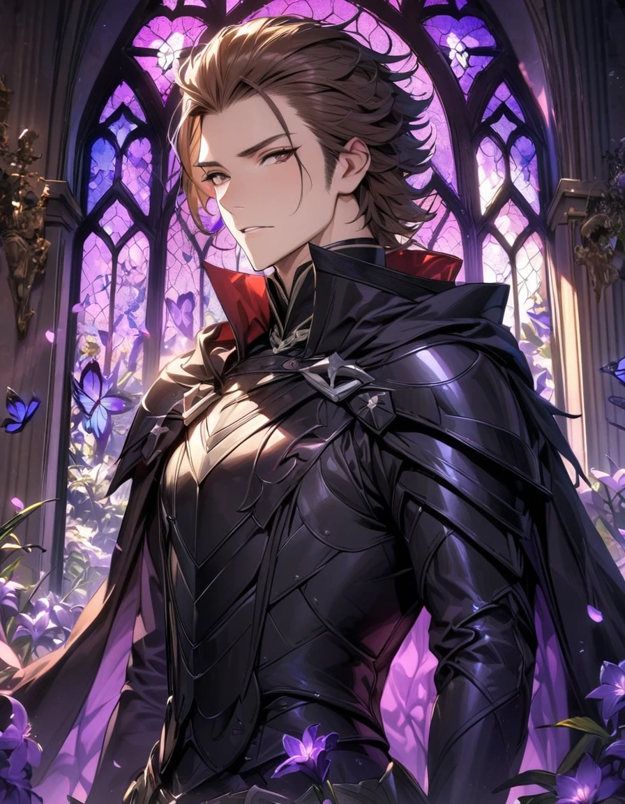 absurdres, highres, ultra detailed, HDR, master piece, best quality, Gerome, brown hair spiked upwards, expressive brown eyes, Fire Emblem Awakening, black cape, black armor, solo, sexy man, handsome, glass stained window, purple shining butterflies, purple lilies, purple petals, garden