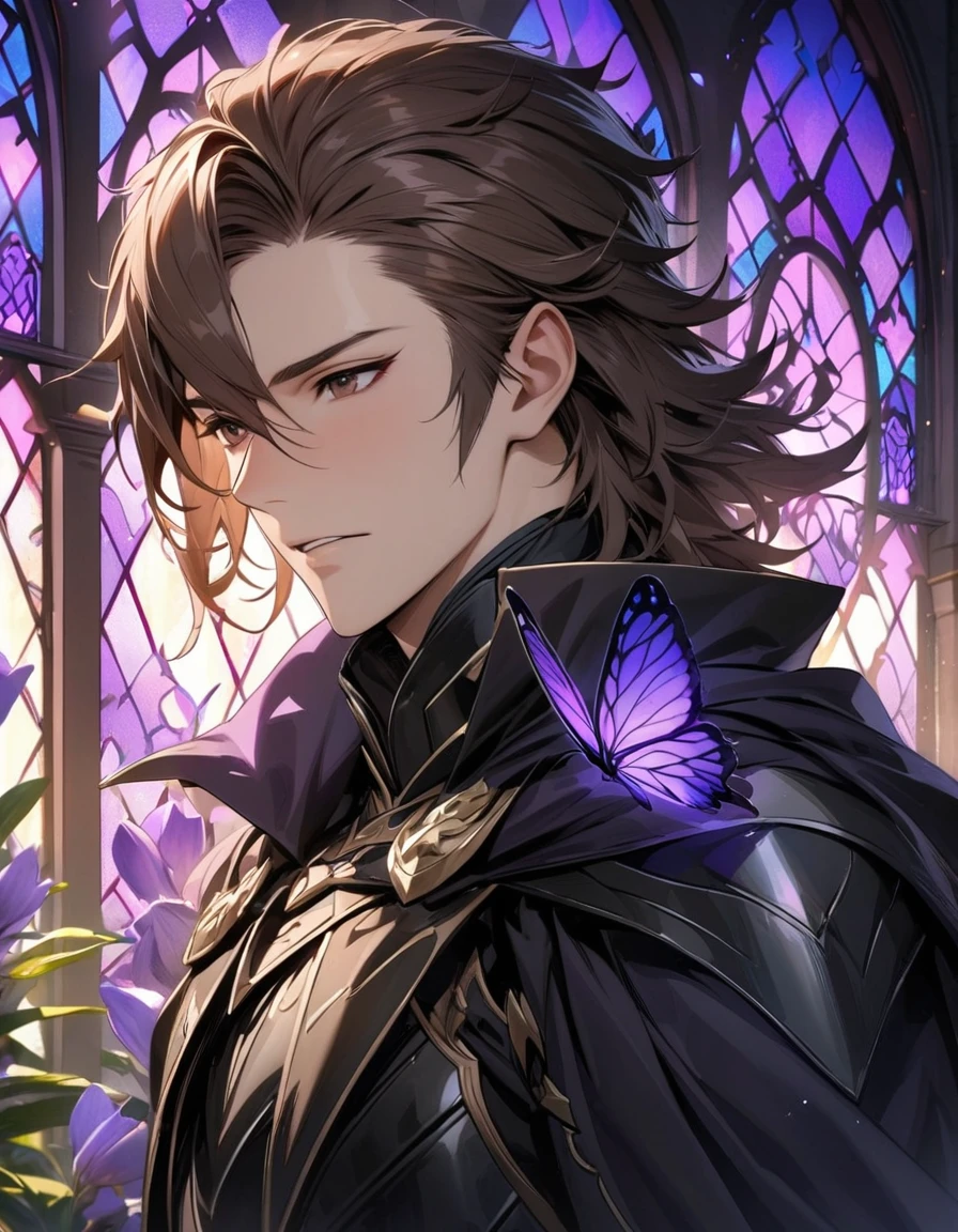 absurdres, highres, ultra detailed, HDR, master piece, best quality, Gerome, brown hair spiked upwards, expressive brown eyes, Fire Emblem Awakening, black cape, black armor, solo, sexy man, handsome, glass stained window, purple shining butterflies, purple lilies, purple petals, garden
