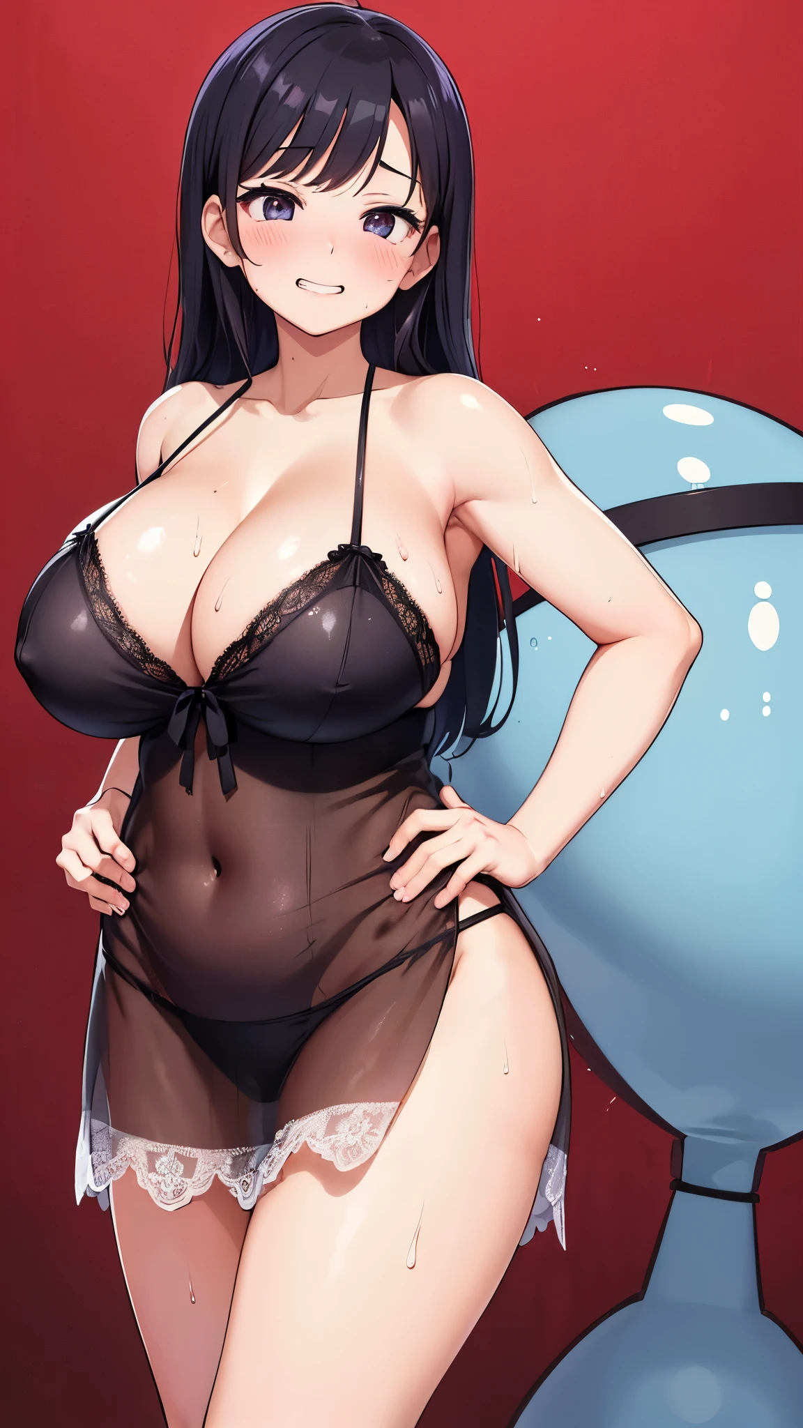 Misae Nohara,(Married Woman:1.3),(mother:1.3),Mama,woman,retro artstyle,1990s (style),(absurderes, 8K, 4K, masutepiece, hyper extreme detailed:1.2), Best Quality, Perfect Anatomy,Perfect face,Facing forward,High humidity,(Sweaty:1.2),(gigantic breasts:1.4),blush,Embarrassing,Standing with hands on hips,grin,(negligee:1.5),(Wet:1.2),(it's raining:1.5),(Outdoor:1.5)
