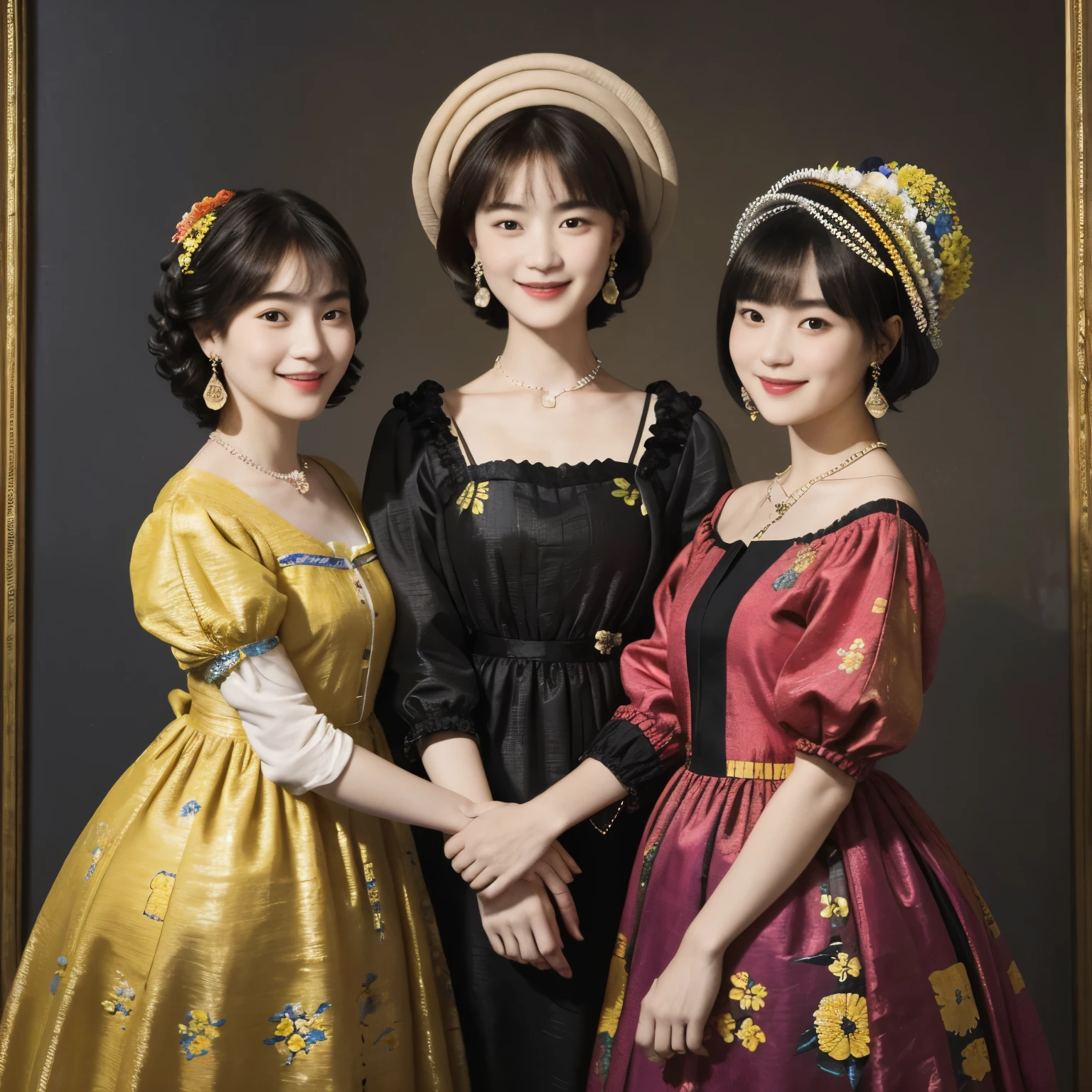 218 Short Hair, 20-year-old woman, A kind smile, Floral, (Colorful Dresses, Luxury palace), (Rembrandt painting)
