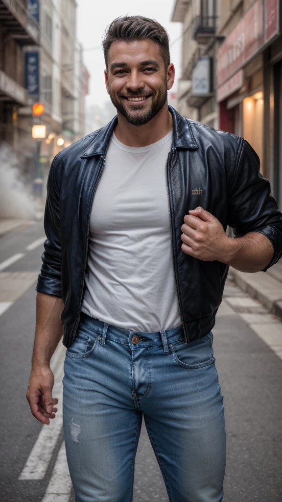 babylasagna, photo of a man wearing leather cop jacket and jeans and white transparent t-shirt walking down the street, smile, soft focus, photo by mark henderson, cinematic, natural lighting, muted colors, night, bokeh, face portrait, (extreme close up:1), urban, beard, dynamic pose, fog, red and blue neon city lights, alley, realistic, masterpiece, intricate details, detailed background, depth of field
