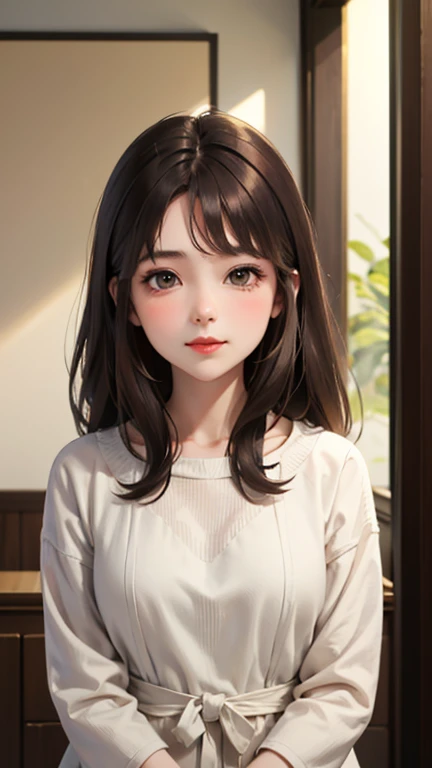 Blushing lightly and smiling, (Top quality masterpiece:1.2) Delicate illustrations, Very detailed, /Beautiful Japanese Woman、1 person,Excellent style 、((8K images、super high quality))、Very delicate face, Beautiful forehead、Red lipstick,(((((Long Hair、Light brown hair、The tips of the hair are golden))))),Very cute Japanese cut face、Eyes and nose are clearly visible、Kind eyes,(White dress)、Night view