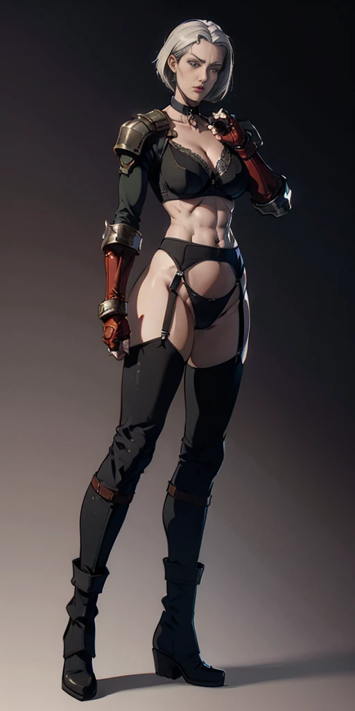 ((Plain background 1:2)) (Cammy White Street Fighter white silver short bob haircut) Female full body standing straight symmetrical looking to the viewer RED full body armored (handcuffs, shackles, rerebrace, faulds, poleyn, gauntlets, leather collar choker, gloves, gauntlets, high boots bootstraps, long stockings) 2 crossing big belt under belly button, navel, abs, garter straps belts attaching bra. this character embodies a finely crafted fantasy style female military officer in anime style, exquisite and mature manga art style, pale skin, big breast knockers cleavage