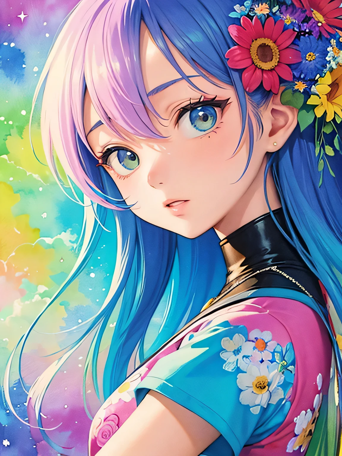 akira toriyama style、8K Quality、Intense watercolor, Detailed watercolor art, Watercolor splash, Surreal, avant-garde pop art, Beautiful and expressive paintings, Beautiful artwork illustration, Very colorful tones, wonderful, Cool beauty, highest quality、Official Art, Vector art, Stylish design, ((The most beautiful girl of all time)), (((highest quality))), HDR, ((detailed)), (((Doodle Art)), ((masterpiece)), ((Super detailed)), (((Colorful flowers))),