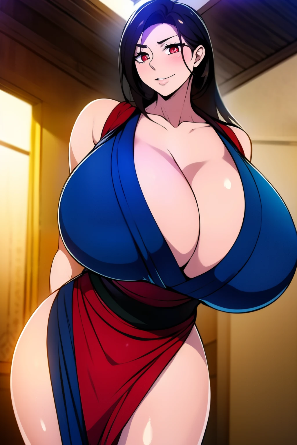 An anime-style artwork depicting tifa from the game final fantasy 7

Tags: tifa, anime, detailed eyes, detailed lips, ???, 1girl, red eyes, (blue short kimono:1.1),, (black hair:1.1), solo, ????????????, smiling expression, intense gaze, dynamic pose, indoor, palace, vibrant colors, gold jewelry, gold bracelet, digital art, high-resolution, professional quality, ????????????????, cleavage), curvy, cowboy shot, (????????????????: 1.4),