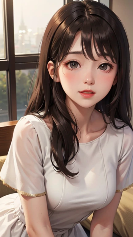 Blushing lightly and smiling, (Top quality masterpiece:1.2) Delicate illustrations, Very detailed, /Beautiful Japanese women in their 40s、1 person,Excellent style 、((8K images、super high quality))、Very delicate face, Beautiful forehead、Red lipstick,(((((Long Hair、Light brown hair、The tips of the hair are golden))))),Very cute Japanese cut face、Eyes and nose are clearly visible、Kind eyes,(White dress)、Night view