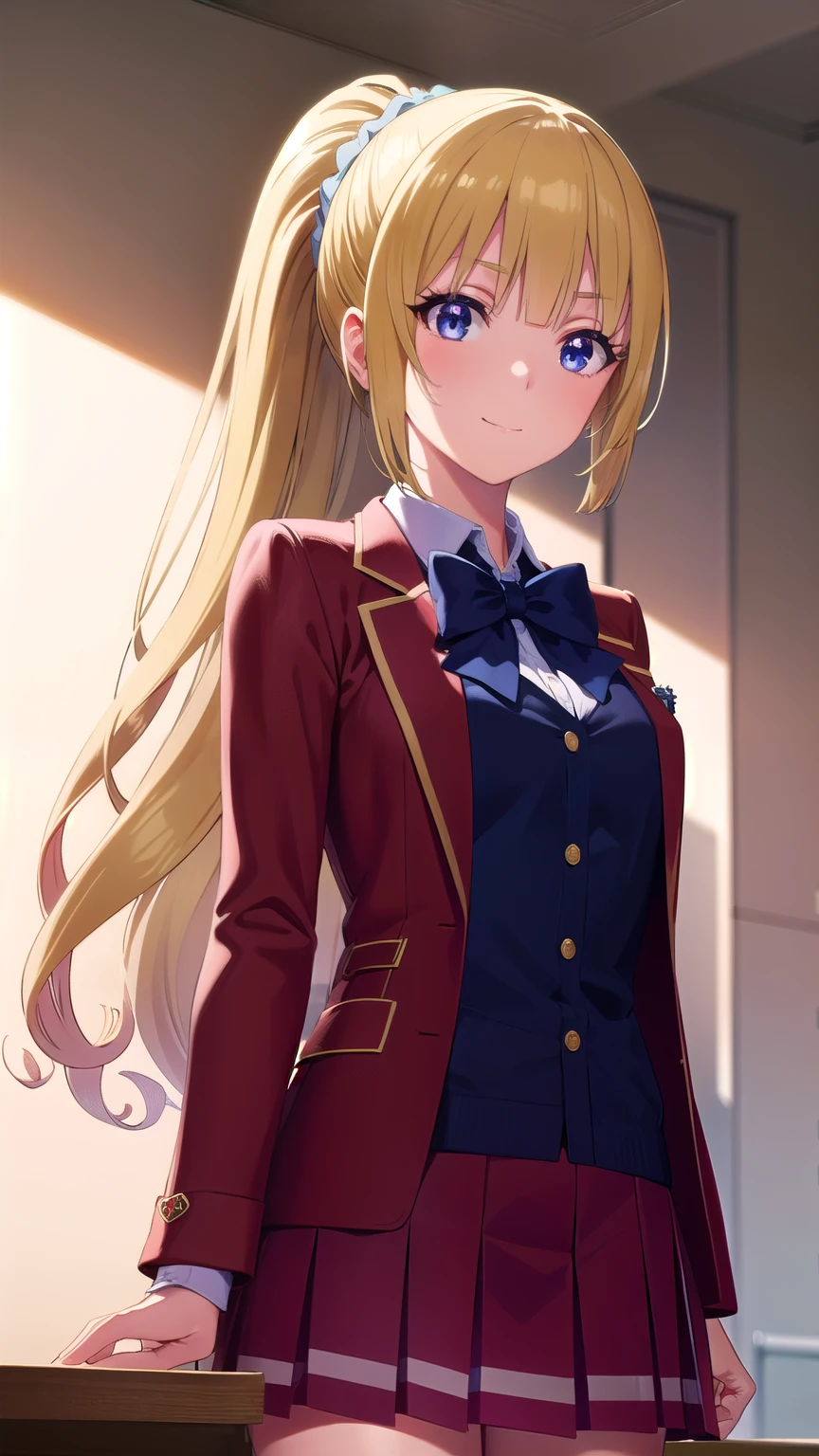 keikaruizawa, kei karuizawa, long hair, bangs, blunt bangs, (purple eyes:1.1), blonde hair, shirt, hair ornament, ponytail, scrunchie, blue scrunchie, smile,
BREAK skirt, shirt, bow, , jacket, (red jacket:1.2), pleated skirt, bowtie, sweater, (blue bow:1.2), (blue shirt:1.2),
BREAK indoors, classroom,
BREAK looking at viewer, (cowboy shot:1.5),
BREAK (masterpiece:1.2), best quality, high resolution, unity 8k wallpaper, (illustration:0.8), (beautiful detailed eyes:1.6), extremely detailed face, perfect lighting, extremely detailed CG, (perfect hands, perfect anatomy),