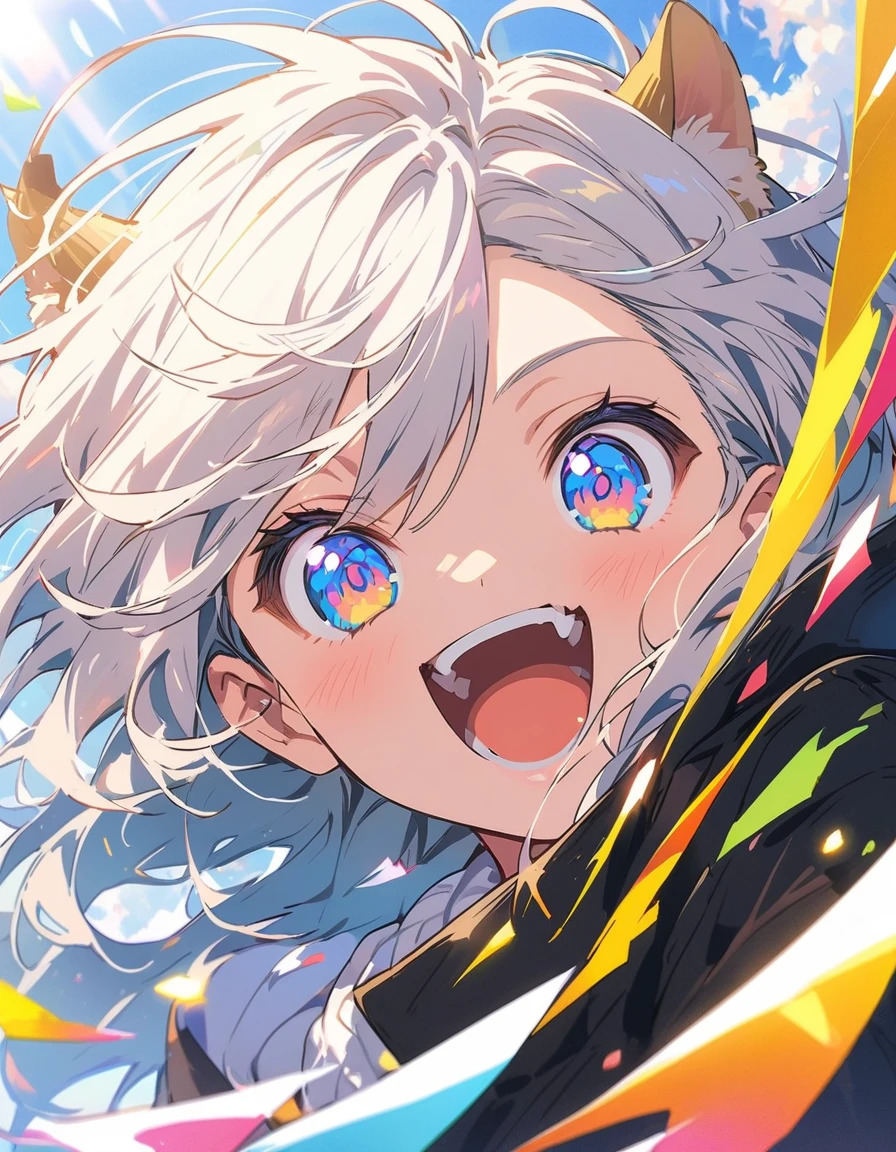 in love, Boys and Girls, 18-year-old, Happy, Happy、(highest quality、masterpiece、High resolution、detailed)、animeスタイル、Flat Style、(iridescent eyes,detailed美しい顔), BREAK,extremely detailed、floating, (High saturation), (Colorful paper_cut), (Shine), Focus on the face, Dynamic Angle、anime