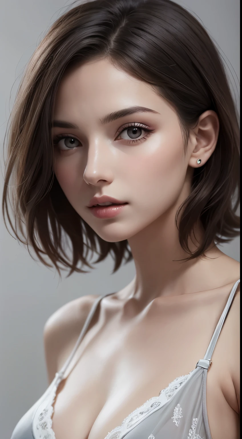 (photograph:1.2)、(photorealistic:1.3)、(masterpiece:1.3)、(Highest image quality:1.4)、ultra high resolution、(detailed eyes)、(detailed facial features)、(Detailed garment features)、8K resolution、solo focus、26 year old mature woman、small face、no makeup、Detailed leal beautiful eyes、bangs、dark brown hair、long cut hair、(realistic skin)、beautiful skin、charming、ultra high resolution、Super realistic、High definition、Camisa branca aberta,middlebre、small breasts、bust B cup、small breasts、cool beauty、Gray background、cinematic lighting、perfect、soft light、High resolution skin:1.2、realistic skin texture、26 years old mature woman、small face、no makeup、Bust B Cup、Detailed beautiful brown eyes、short hair、dark brown hair、Cool beauty、gray background