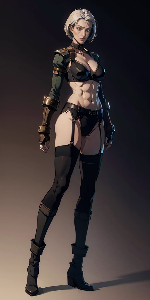 ((Plain background 1:2)) (Cammy White Street Fighter white silver short bob haircut) Female full body standing straight symmetrical looking to the viewer RED full body armored (handcuffs, shackles, rerebrace, faulds, poleyn, gauntlets, leather collar choker, gloves, gauntlets, high boots bootstraps, long stockings) 2 crossing big belt under belly button, navel, abs, garter straps belts attaching bra. this character embodies a finely crafted fantasy style female military officer in anime style, exquisite and mature manga art style, pale skin, big breast knockers cleavage