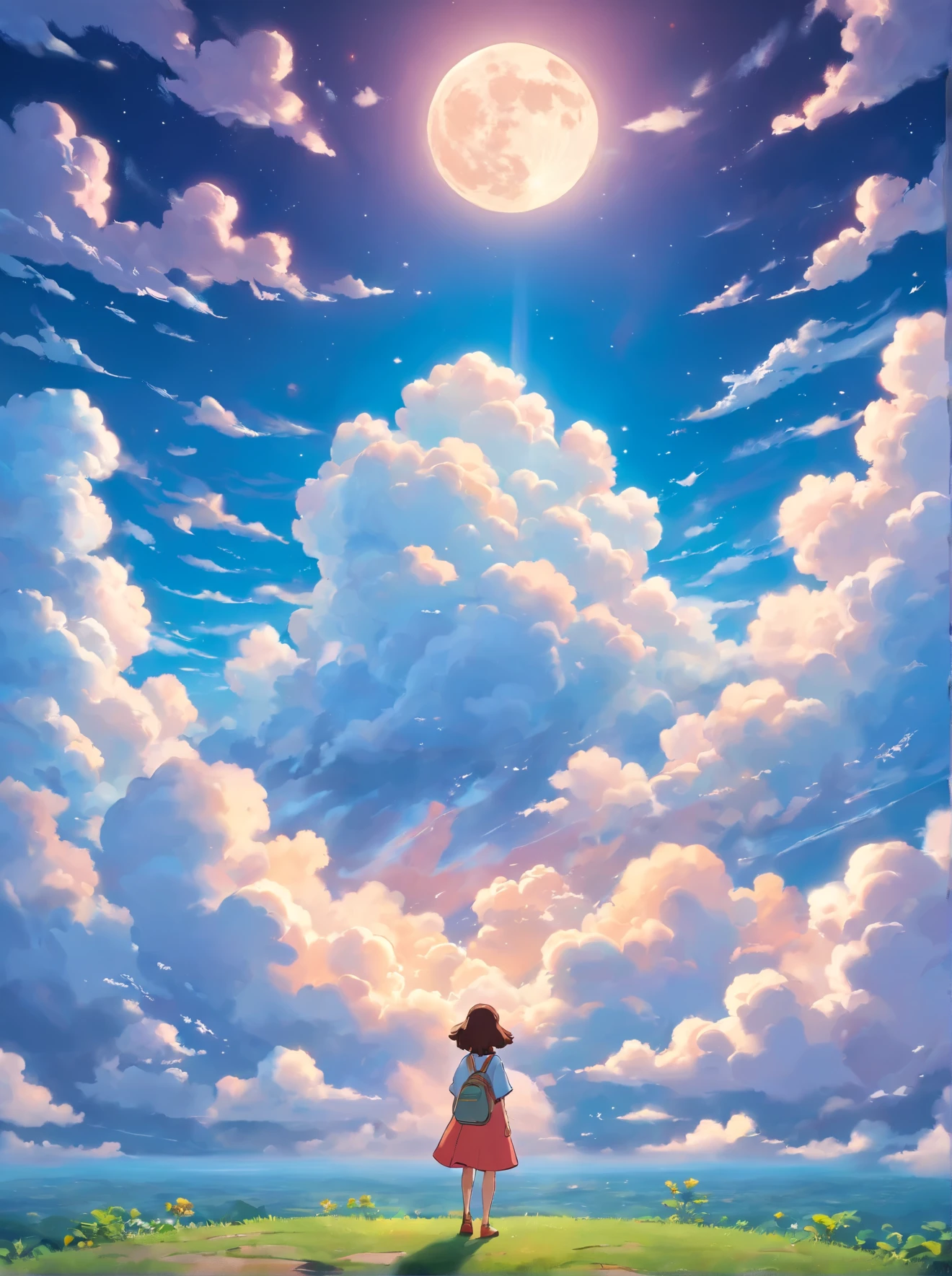 Auspicious clouds, (NOhumans)Behind the huge moon, Abstract imagery, ultra-realistic realism, Pixar style, 3d effect, (Disney style:1.2), Clear edge light, rim-light, fantasy, spotlight, 8K,looking from above, the space, afloat, --v 6