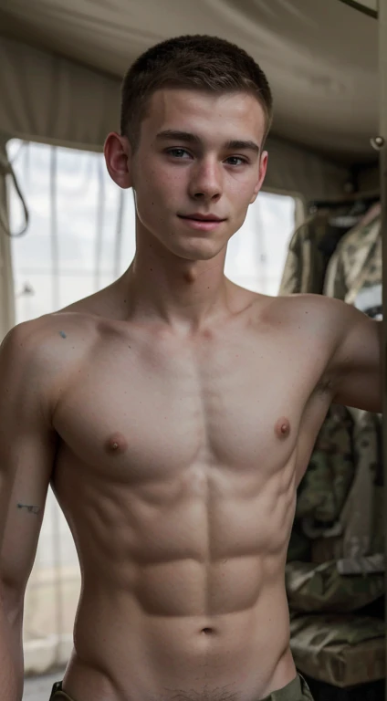 photo, a cute skinny 18yo military twink, help a cute military teenboy shirtless , caring in a military war camp,hyperealistic ,4k, weak, not muscular, 