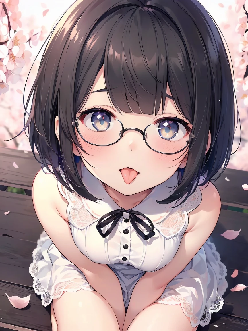 Very detailed, highest quality, High resolution, Moe Anime, ((Cute girl with black hair and droopy eyes)), ((Wearing large round glasses.)), (), Cute eyes, Detailed eye depiction, Sparkle in the eyes, View your viewers, Pale skin, (Big eyes:1.4), smile, Focus on the face, In the park with cherry blossoms falling, Sitting, (Extreme close up of tongue), (((From above))), Open your mouth, (((Face only:1.3))), ((white lace sleeveless dress)), Bright Eyes, Light from the front, (Put your hands between your legs:1.4), (short cut hairstyle:1.4), large and long tongue