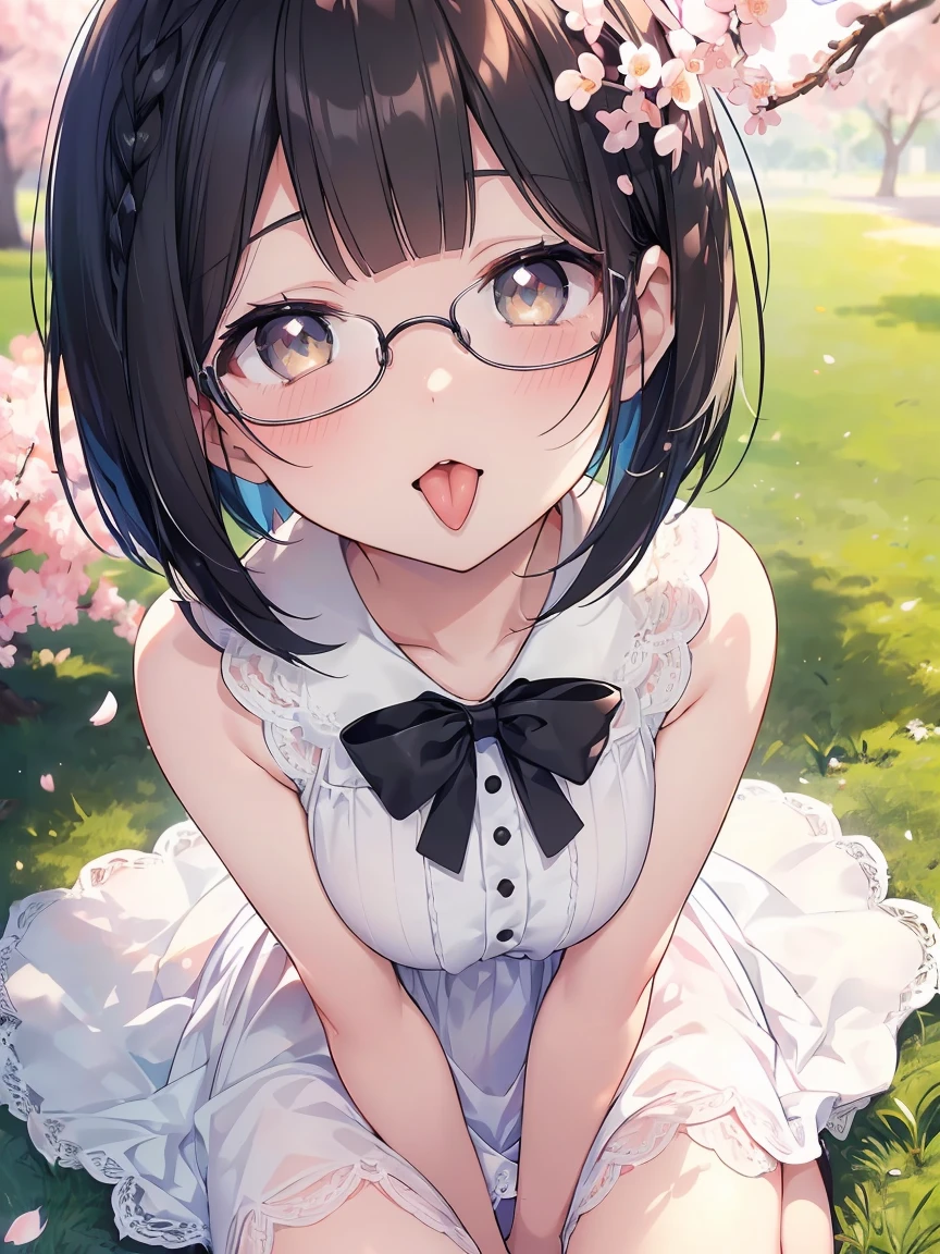 Very detailed, highest quality, High resolution, Moe Anime, ((Cute girl with black hair and droopy eyes)), ((Wearing large round glasses.)), (Baby Face), Cute eyes, Detailed eye depiction, Sparkle in the eyes, View your viewers, Pale skin, (Big eyes:1.4), smile, Focus on the face, In the park with cherry blossoms falling, Sitting, (Extreme close up of tongue), (((From above))), Open your mouth, (((Face only:1.3))), ((white lace sleeveless dress)), Bright Eyes, Light from the front, (Put your hands between your legs:1.4), (short cut hairstyle:1.4), large and long tongue