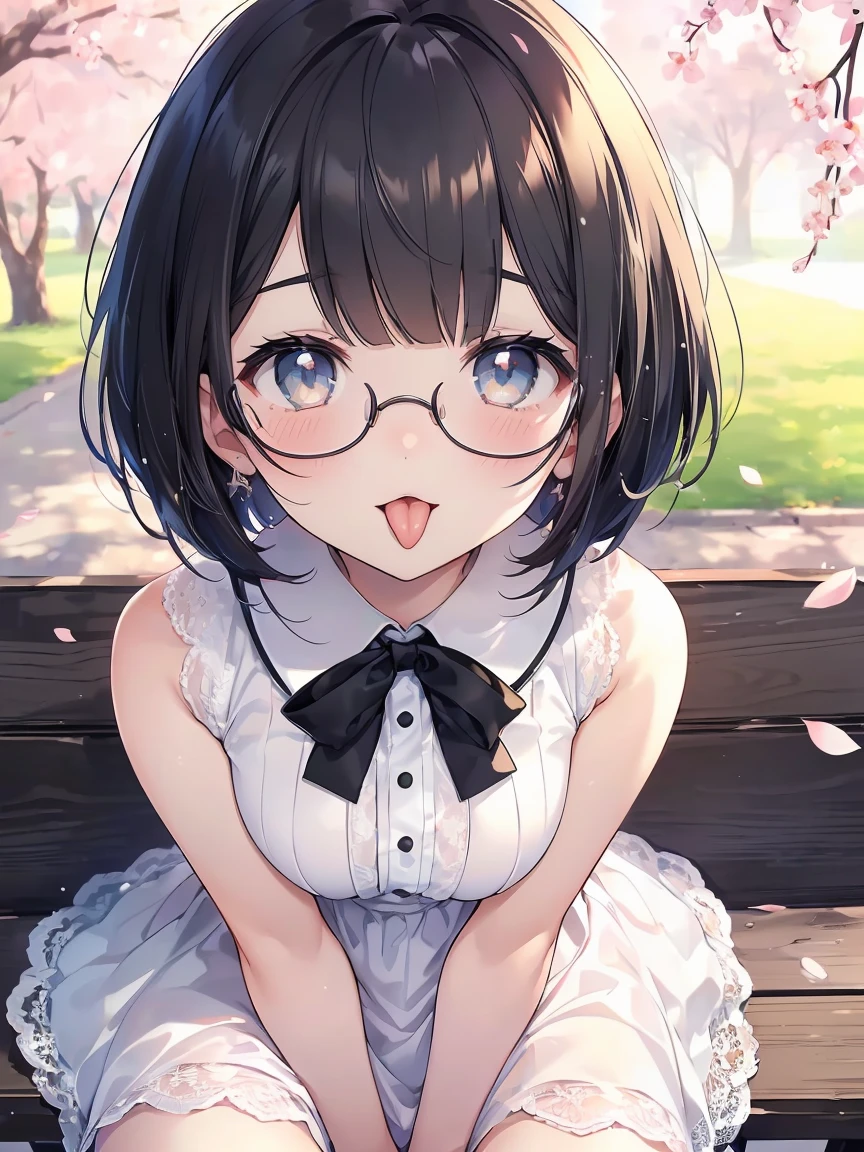 Very detailed, highest quality, High resolution, Moe Anime, ((Cute girl with black hair and droopy eyes)), ((Wearing large round glasses.)), (Baby Face), Cute eyes, Detailed eye depiction, Sparkle in the eyes, View your viewers, Pale skin, (Big eyes:1.4), smile, Focus on the face, In the park with cherry blossoms falling, Sitting, (Extreme close up of tongue), (((From above))), Open your mouth, (((Face only:1.3))), ((white lace sleeveless dress)), Bright Eyes, Light from the front, (Put your hands between your legs:1.4), (short cut hairstyle:1.4), large and long tongue