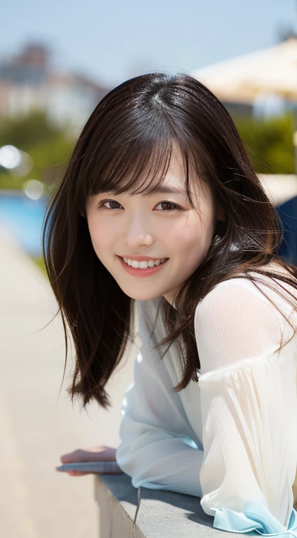 (highest quality,16k,High resolution,masterpiece:1.2),Very detailed、The most beautiful woman in the world、Beautiful, clear white skin、whole body、18-year-old,Beautifully detailed face、1 Japanese female、Adorable smile、At the beach、Swimsuit、highest quality、Very delicate and beautiful 8K、非常にHigh resolution、Beautiful detailed girl、Realistic