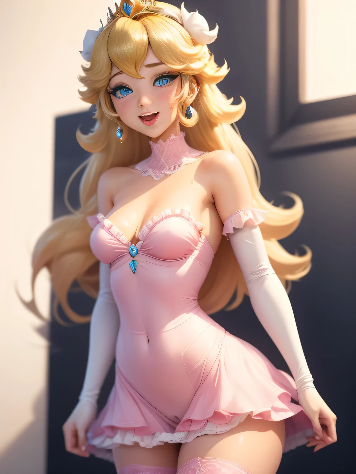 Princess Peach, blue eyes, stunning proportions, white background, long hair, extremely detailed, full body shot, thighhighs, sweating, wet, blush, cum, (happy, frills, pink dress)dripping, small breasts, vagina, gentle, soft