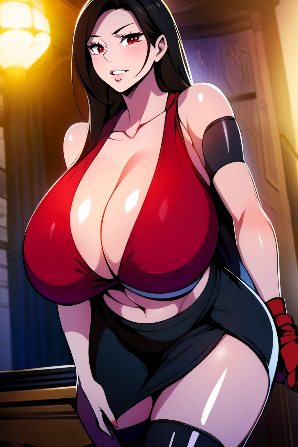 An anime-style artwork depicting tifa from the game final fantasy 7
Tags: tifa, anime, detailed eyes, detailed lips, ass, 1girl, red eyes, gauntlet, elbow pad, skirt, crop top, (black hair:1.1), solo, huge breasts, smiling expression, intense gaze, dynamic pose, indoor, palace, vibrant colors, digital art, high-resolution, professional quality, gigantic breasts, cleavage), curvy, cowboy shot, (gigantic breasts: 1.4),