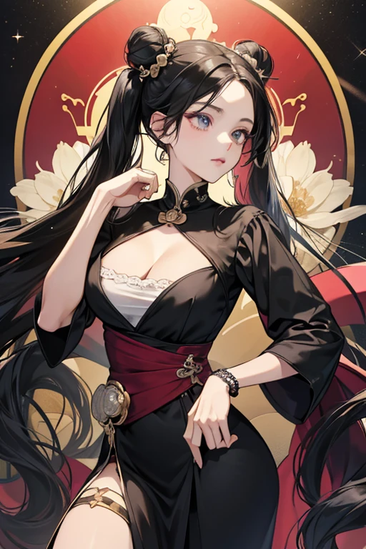 houlder-length black hair, parted in the middle with two spiral buns on each side which end in two spiraling pigtails.
She wears a long dress with a layer of fringe along the waist and with playing card back designs with the Higashikata family crest across her chest and on her hips. She also wears large rectangular bracelets on both of her wrists. A later version exposes her cleavage. SPARKLE; GLITTER