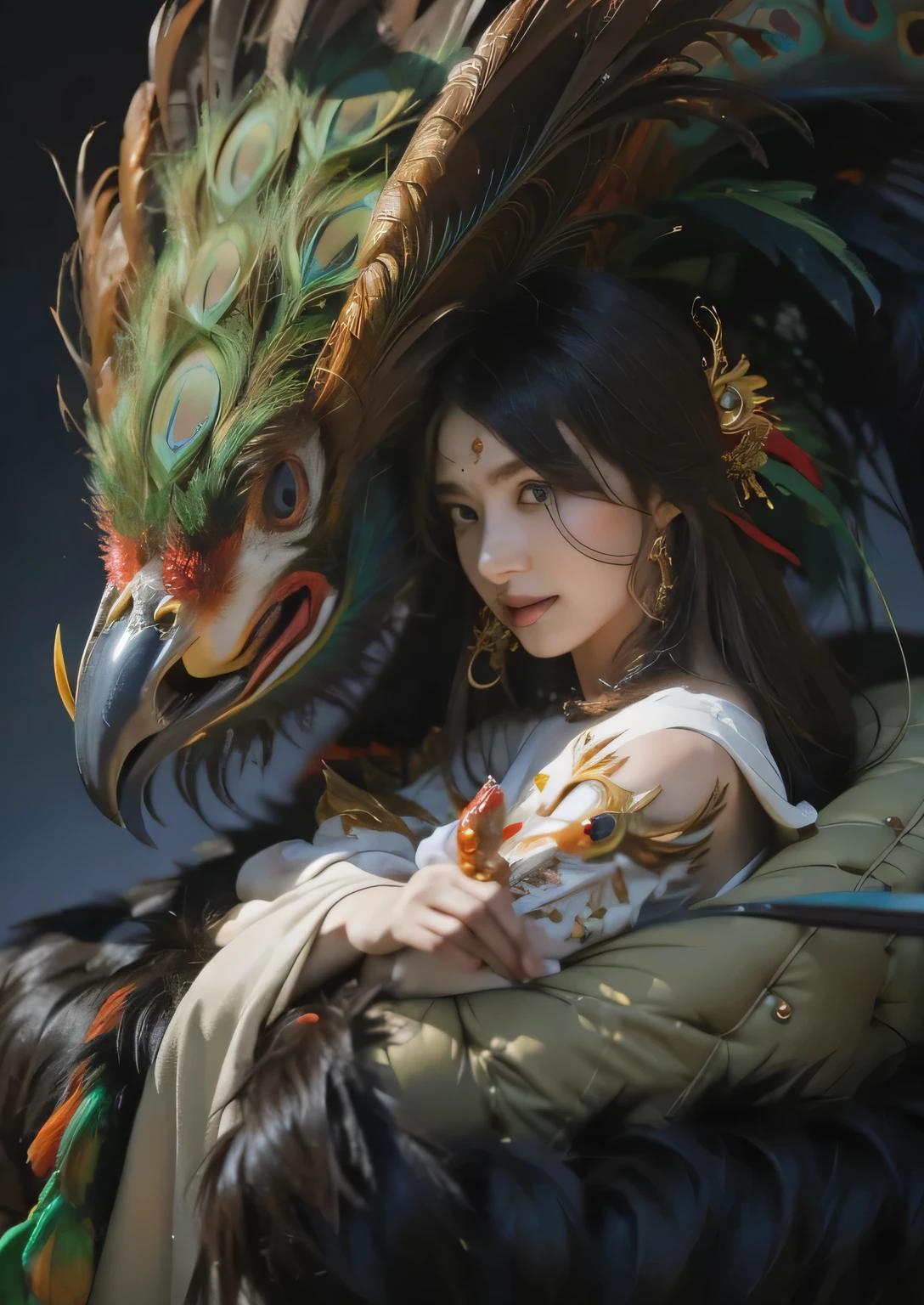 oil, highest quality, masterpiece, Ultra-high resolution, Vulture,Phoenix,Suzaku,Peacock,Beautiful red bird,