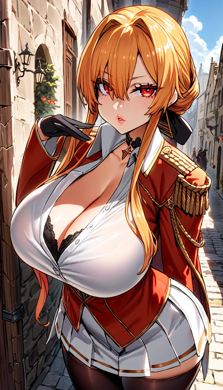 monarch \(azur lane\), \(azur lane\), 1girl, blond hair, red eyes, thick lips, masterpiece, best quality, highres, huge breasts, (black bra), bra peek, looking at viewer, expressionless, cleavage, collar bone, tight white military uniform, unbuttoned shirt, collared shirt, red_military_jacket, sleeves_past_wrists, black gloves, black choker, white skirt, pleated skirt, black thighhighs, skinny, posing, medieval streets at a sunny day, clouds, backlighting