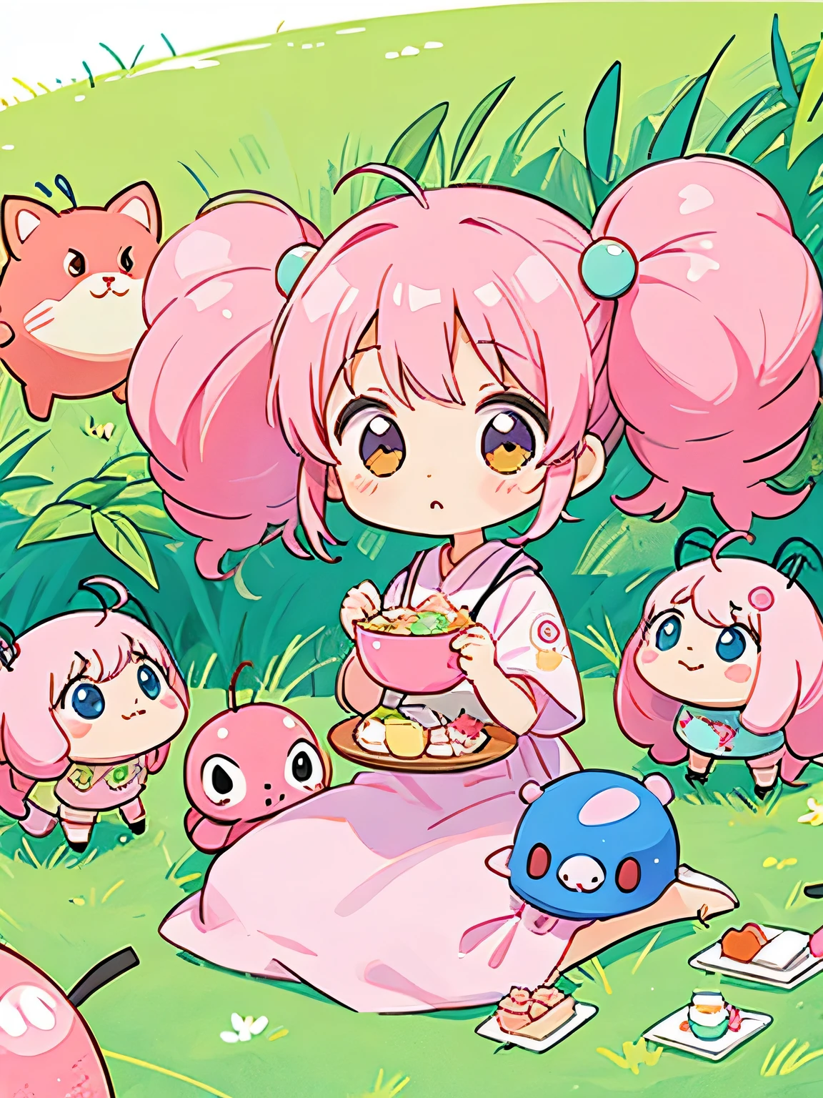 Momoko Sakura Style, Kawaii Design, The most beautiful girl of all time、Chibi, (((Lots of friends))), Cute and colorful pillbugs、picnic