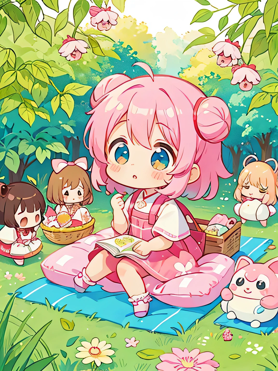 Momoko Sakura Style, Kawaii Design, The most beautiful girl of all time、Chibi, (((Lots of friends))), Cute and colorful pillbugs、picnic