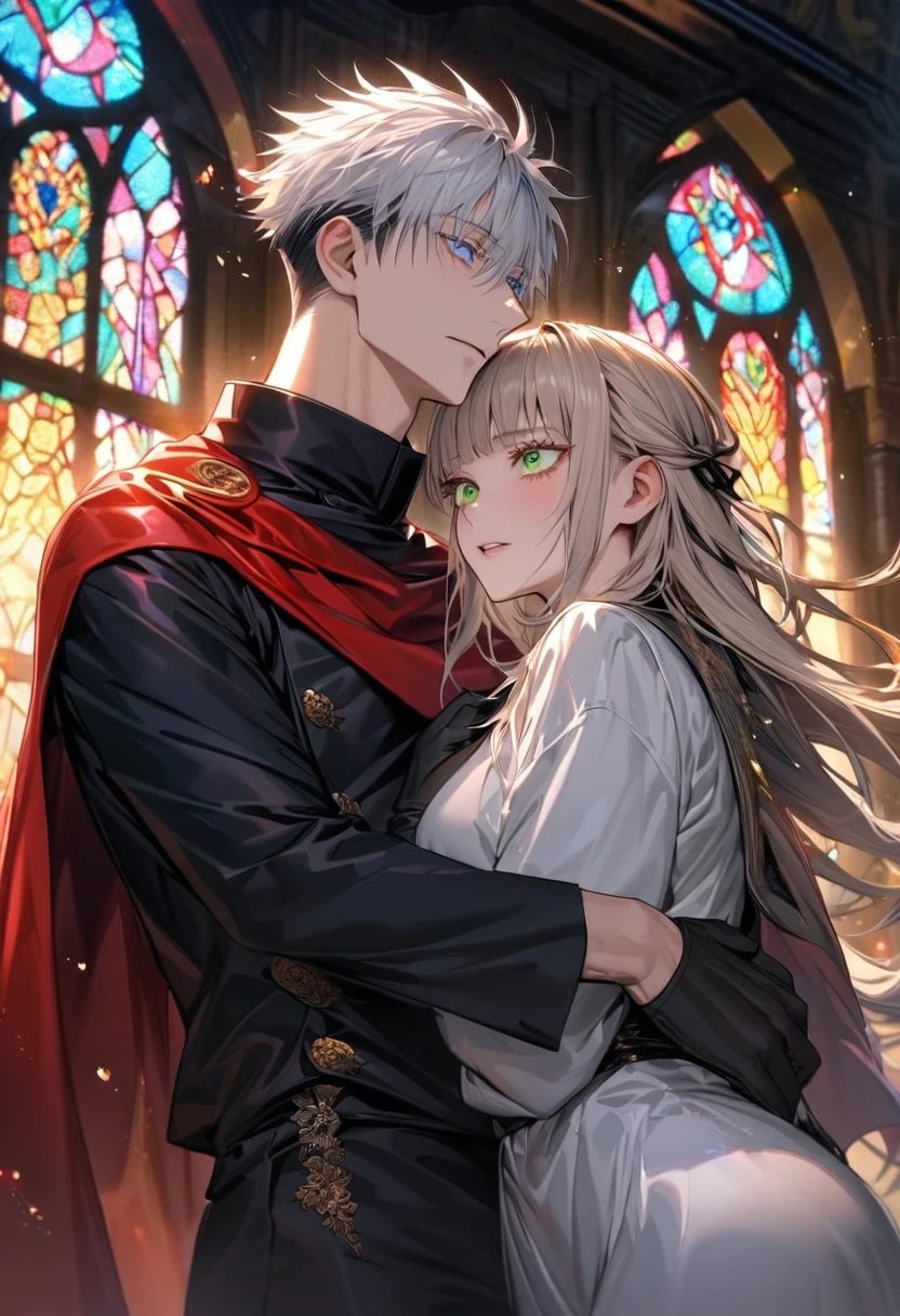Ultra detailed, Highres, absurdres, HDR, master piece, Aida, ash blond hair with bangs, expressive green eyes, Gojou Satoru, white hair with bangs, expressive blue eyes, white eyelashes, extremely handsome, Jujutsu Kaisen, black ribbon on the side of her hair, 1 man together with a woman, couple, love, extremely detailed eyes and face, white long dress with black patterns, red cape, golden stained glass, glittering, black gloves,