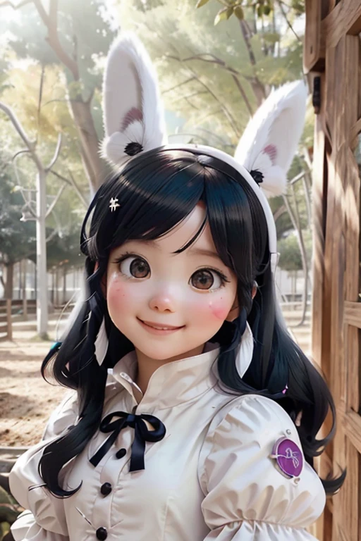 Una chica de llamativo pelo blanco.、Orejas y cola de zorro、cosplay、Beautiful dynamic pose、adornos para el cabello、pantimedias negras、Sin manga、sonrisa、El fondo es azul, perdida en un bosque de terror, portales de magia