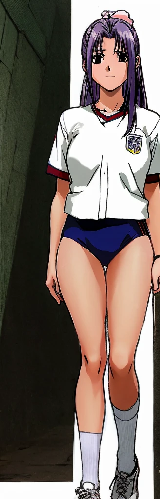 Momoko Koigakubo, a tall girl with beautiful legs, is standing in a white gym uniform and navy blue bloomers that look like panties.。