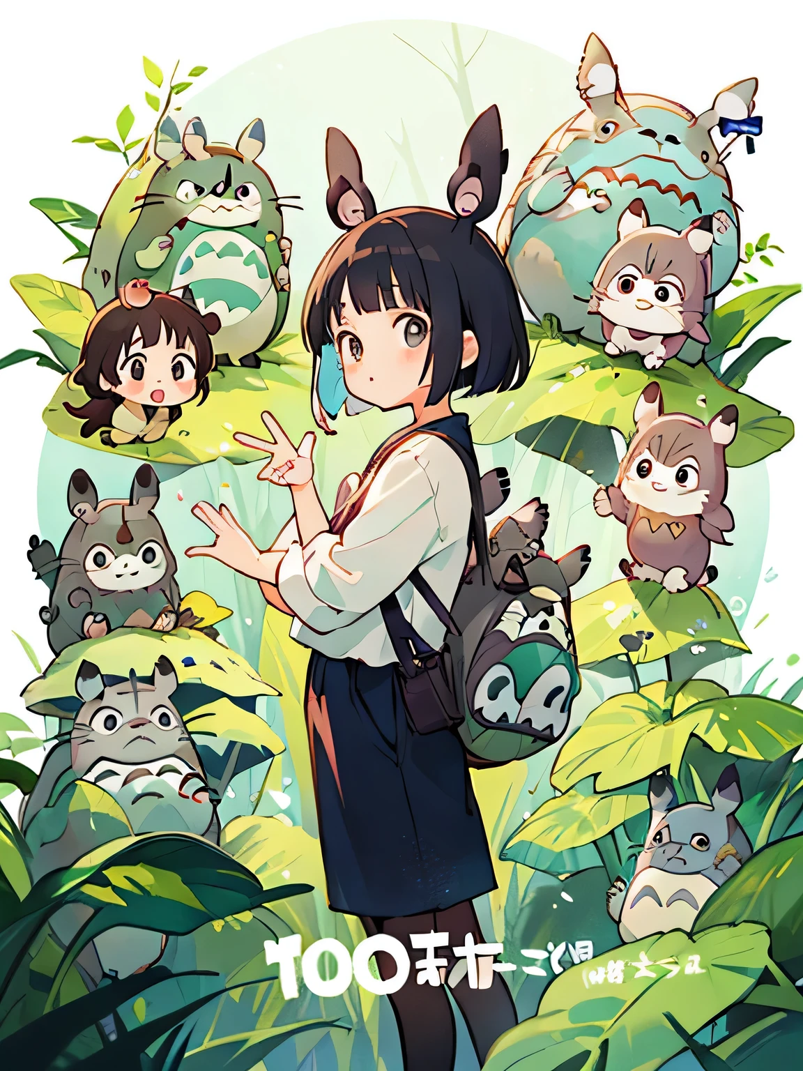 hayao miyazaki style, Kawaii Design, (((10 people)))、most beautiful girl ever、Chibi, Colorful bob hair、((Lots of friends))、(((Cute Totoro)))、Totoro Forest