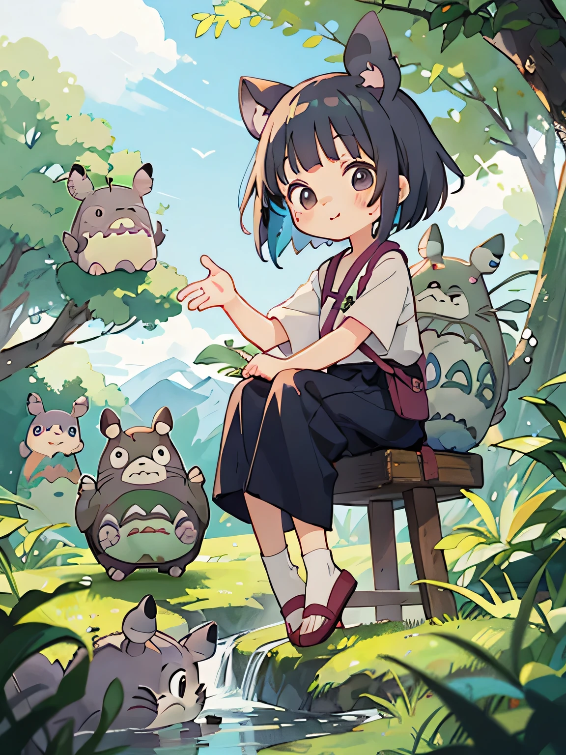 hayao miyazaki style, Kawaii Design, (((10 people)))、most beautiful girl ever、Chibi, Colorful bob hair、((Lots of friends))、(((Cute Totoro)))、Totoro Forest