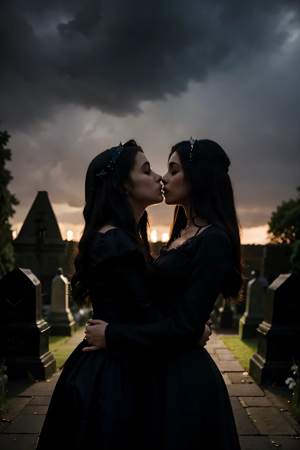On a dark and stormy night, two lovely lady vampires lovingly kiss and embrace on Egypt Row in the old Highgate Cemetary in England. They are dressed stylishly and revealingly.