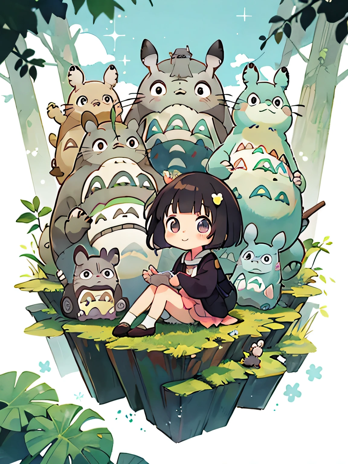 hayao miyazaki style, Kawaii Design, (((10 people)))、most beautiful girl ever、Chibi, Colorful bob hair、((Lots of friends))、(((Cute Totoro)))、Totoro Forest