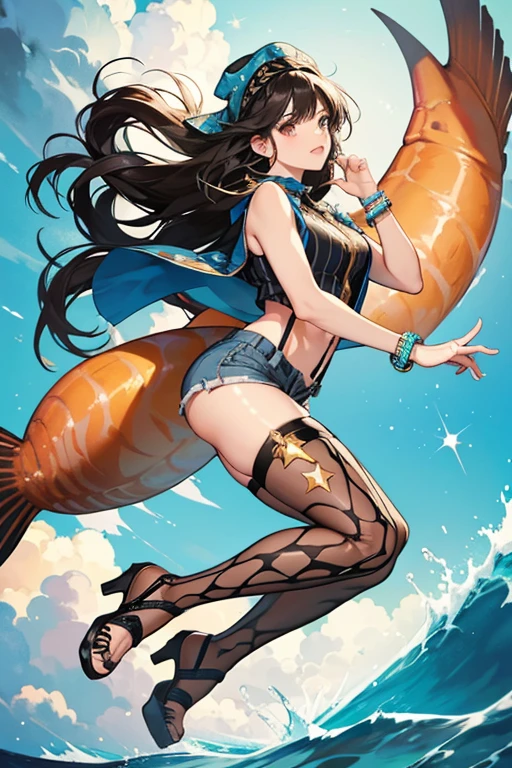 She has long, dark hair and her bangs are styled into multiple, large curls, On her head, she wears a fish-print bandana. Her outfit consists of a dark-colored bralette with a zipper in the front, a long vest, and a pair of short shorts. Attaching her shirt and shorts is a pair of suspenders. During her first appearance, she wears a pair of heeled gladiator sandals. Later on, she wears striped thigh high socks with a pair of ocean-themed heels decorated with stars and seashells. SPARKLE; GLITTER