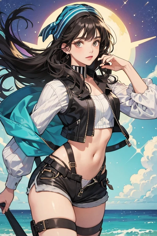 She has long, dark hair and her bangs are styled into multiple, large curls, On her head, she wears a fish-print bandana. Her outfit consists of a dark-colored bralette with a zipper in the front, a long vest, and a pair of short shorts. Attaching her shirt and shorts is a pair of suspenders. During her first appearance, she wears a pair of heeled gladiator sandals. Later on, she wears striped thigh high socks with a pair of ocean-themed heels decorated with stars and seashells. SPARKLE; GLITTER