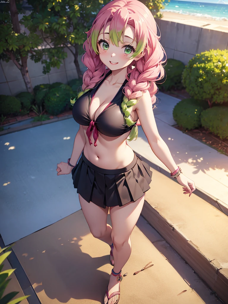 Mitsuri Kanroji,8k,ultra-detailed,best quality,masterpiece:1.2,physically-based rendering,studio lighting,portraits,bikini rosa,black skirt,sunny beach scene,walking with a perfect smile