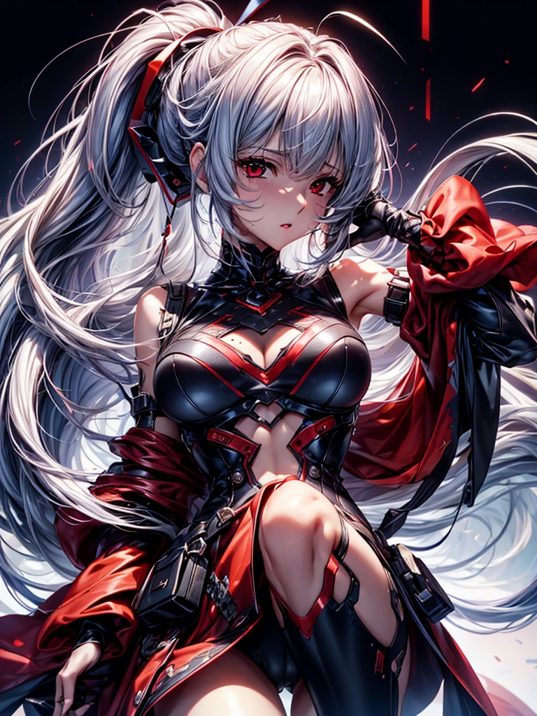 (top-quality、tmasterpiece、Very high resolution、super high image quality、High-quality pixels)、perfect eyes, perfect face, solo,8K, large breast,(Detailed description of hair), (Detailed description of face),(Detailed description of body), fair and clear skin, matchless beauty, long legged, (30 years old),facing the audience, professional photographic lighting,dark cyber outfit、detailed light red eyeballs, silver hair,cowbody shot,ponytail,bangs