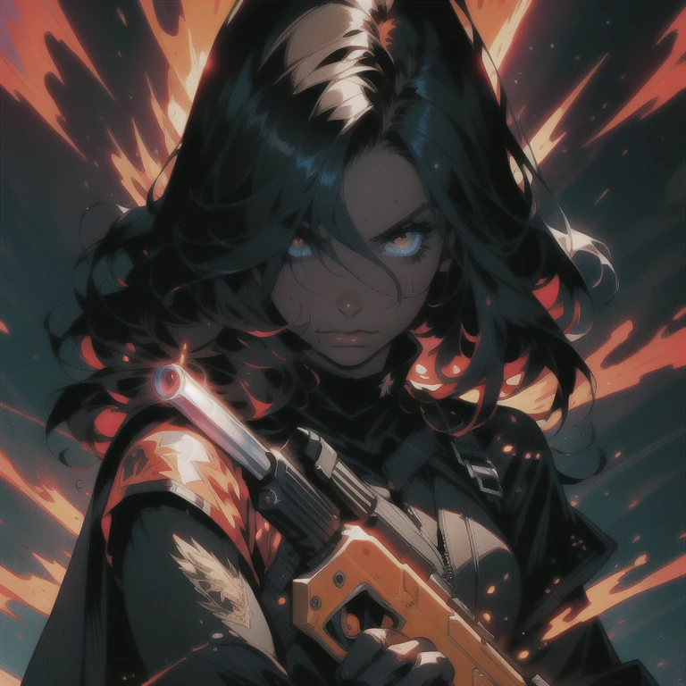 a man holding a gun on top of a hill, wearing black sith uniform, comic character design, oozing lava, by Paul Pelletier, cloaked woman, void 1a, class hunter, she has the head of a phoenix, nite - owl, black circle, cable