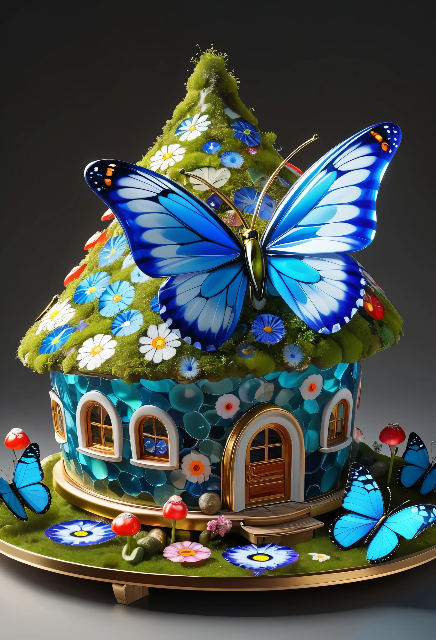 Millefiori glass style, masterpiece:1.2, best quality, ultra-detailed (CG unity 8k wallpaper), best quality, best illustration, best shading, circular radish house covered in moss, (blue butterfly:1.5), isometric 3D, volumetric rendering, ray tracing, extremely detailed