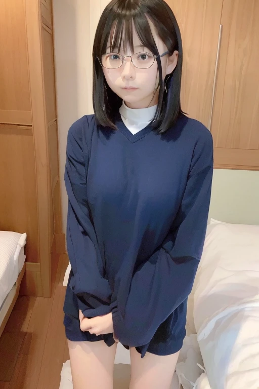 (No chest padsの紺色のスクール水着) 、(Standing with legs closed)、(No chest pads)、(Wet fabric so thin you can see through it) (Nipplesの輪郭はNipplesの形をはっきりと表現している.、Nipples)、(Areola)((Small breasts)), (Realistic: 1.4),(Cute face)(On the front)RAW Photos, 最high quality, (Realisticistic),((18-year-old)), (((Pussy line)))(Glasses)), (front)(((Young Face))), (Written boundary depth), ((衣服を通してNipplesが見える))masterpiece, (Realistic), woman, bangs, 4K、Beyond High Quality、bangsぱっつん、Long black hair、Expressionless:1.4、Slim and beautiful body、Beautiful breasts、Laughter、Whole Body Ezbian:1.2.Beautiful Skin, Blurred Background,masterpiece,high quality,4K resolution