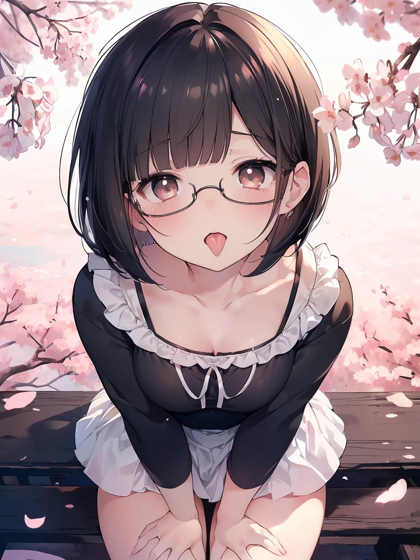 Very detailed, highest quality, High resolution, Moe Anime, ((Cute girl with black hair and droopy eyes)), ((Wearing large round glasses)), (Baby Face), Cute eyes, Detailed eye depiction, Sparkle in the eyes, View your viewers, Pale skin, (Big eyes:1.4, Droopy eyes:1.4, Fatty face:1.4), smile, Focus on the face, In the park with cherry blossoms falling, On all fours, (Extreme close up of tongue), (((From above))), Open your mouth, (((Face only:1.3))), ((White Lingerie)), Bright Eyes, Light from the front, (Put your hands between your legs:1.4), large and long tongue, ((Very short hairstyle:1.5))