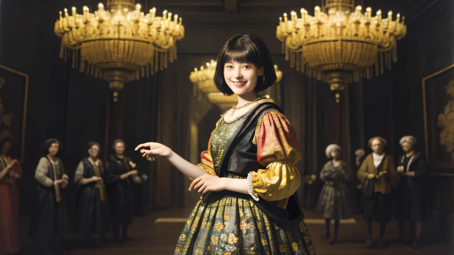 218 Short Hair, 20-year-old woman, A kind smile, Floral, (Colorful Dresses, Luxury palace), (Rembrandt painting)