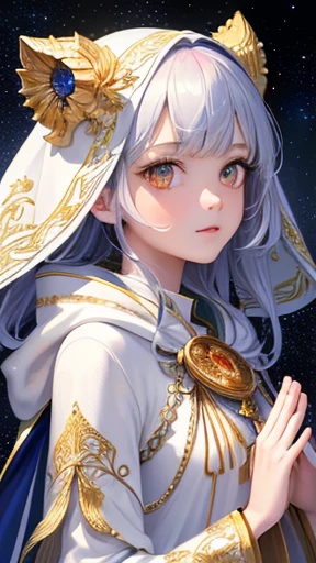 (masterpiece, highest quality, highest quality, Official Art, beautifully、aesthetic:1.2), (One girl), Very detailed, (Fractal Art:1.3), colorful, Most detailed, Perfect Face, Upper Body, High resolution, (pray:1.3), (White cloak, golden lines:1.2), Milky Way, (Streaks of Light), Impressive visuals, (Dynamic stripes, Light trail:1.2), Vibrant colors,