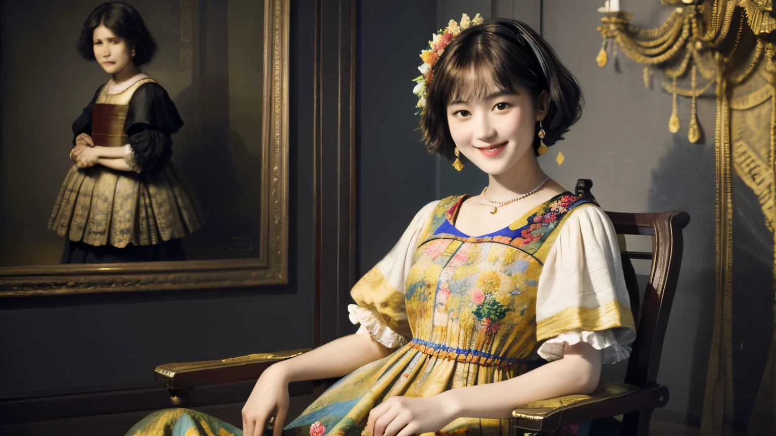 218 Short Hair, 20-year-old woman, A kind smile, Floral, (Colorful Dresses, Luxury palace), (Rembrandt painting)